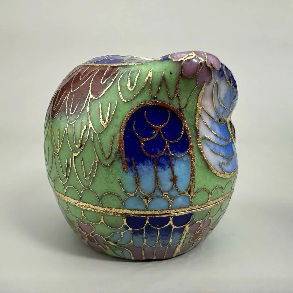 VTG Cloisonne Owl Trinket Box Mini Enamel Bird Figurine Jewelry Pill Box 2”